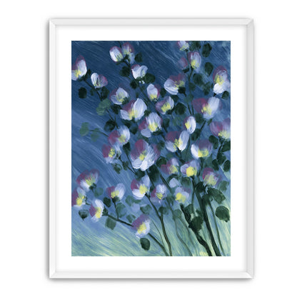 White blossoms on blue field