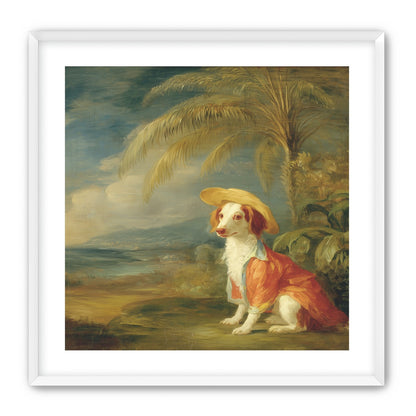 A hatted dog by the sea