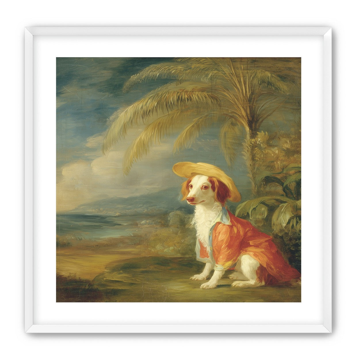 A hatted dog by the sea