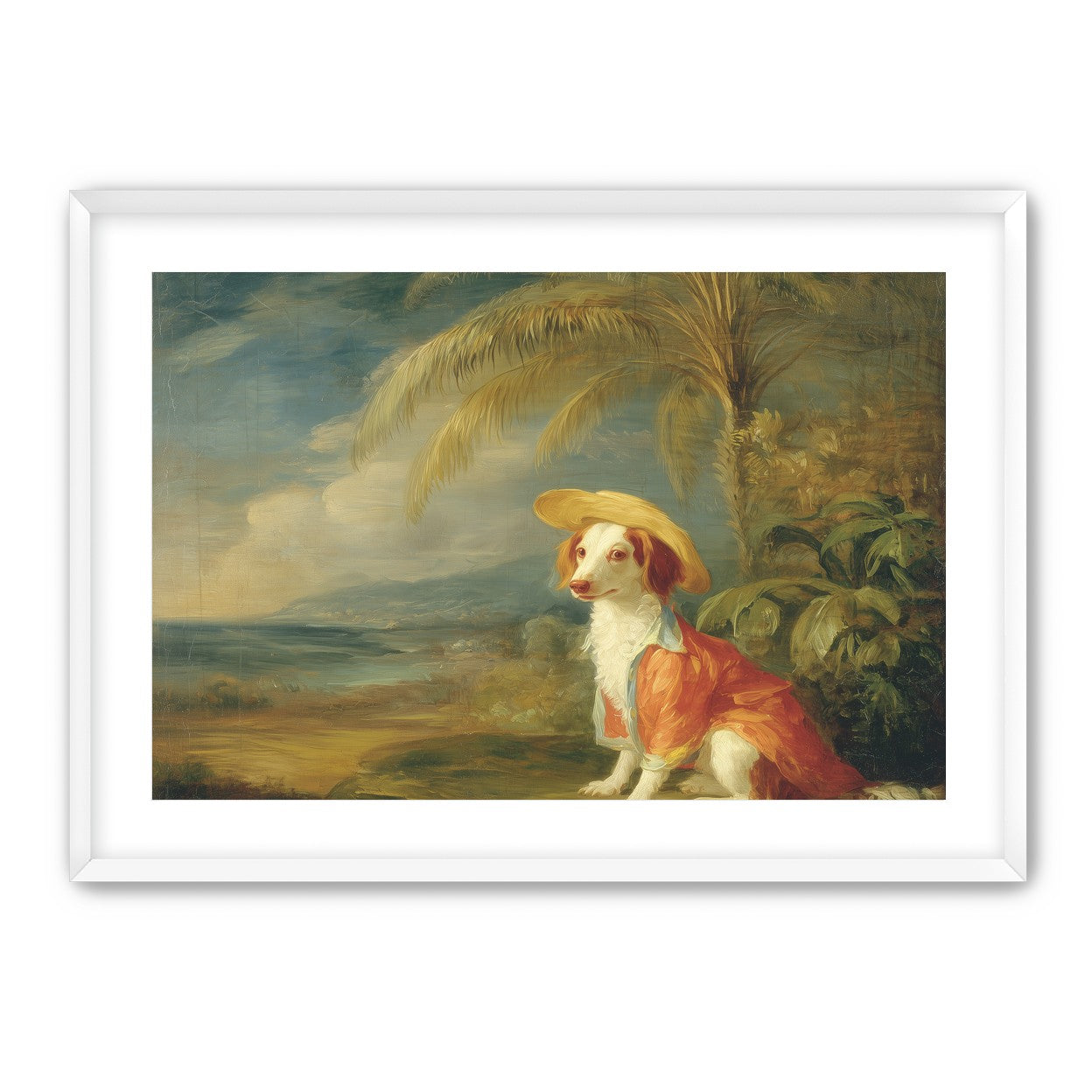 A hatted dog by the sea