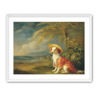 A hatted dog by the sea