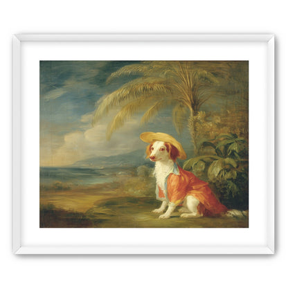 A hatted dog by the sea