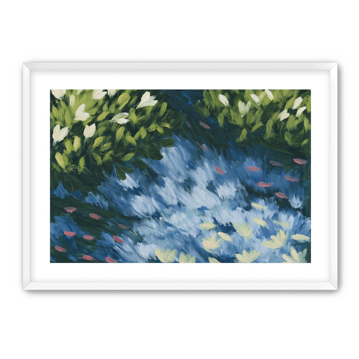 Water lilies over passing fish