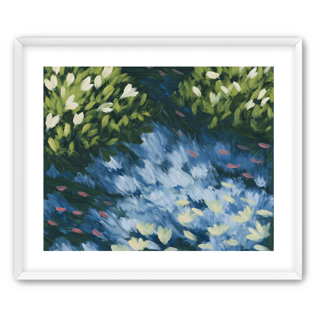 Water lilies over passing fish