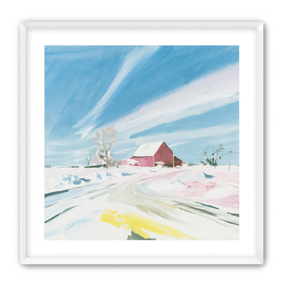 White sky over red barn