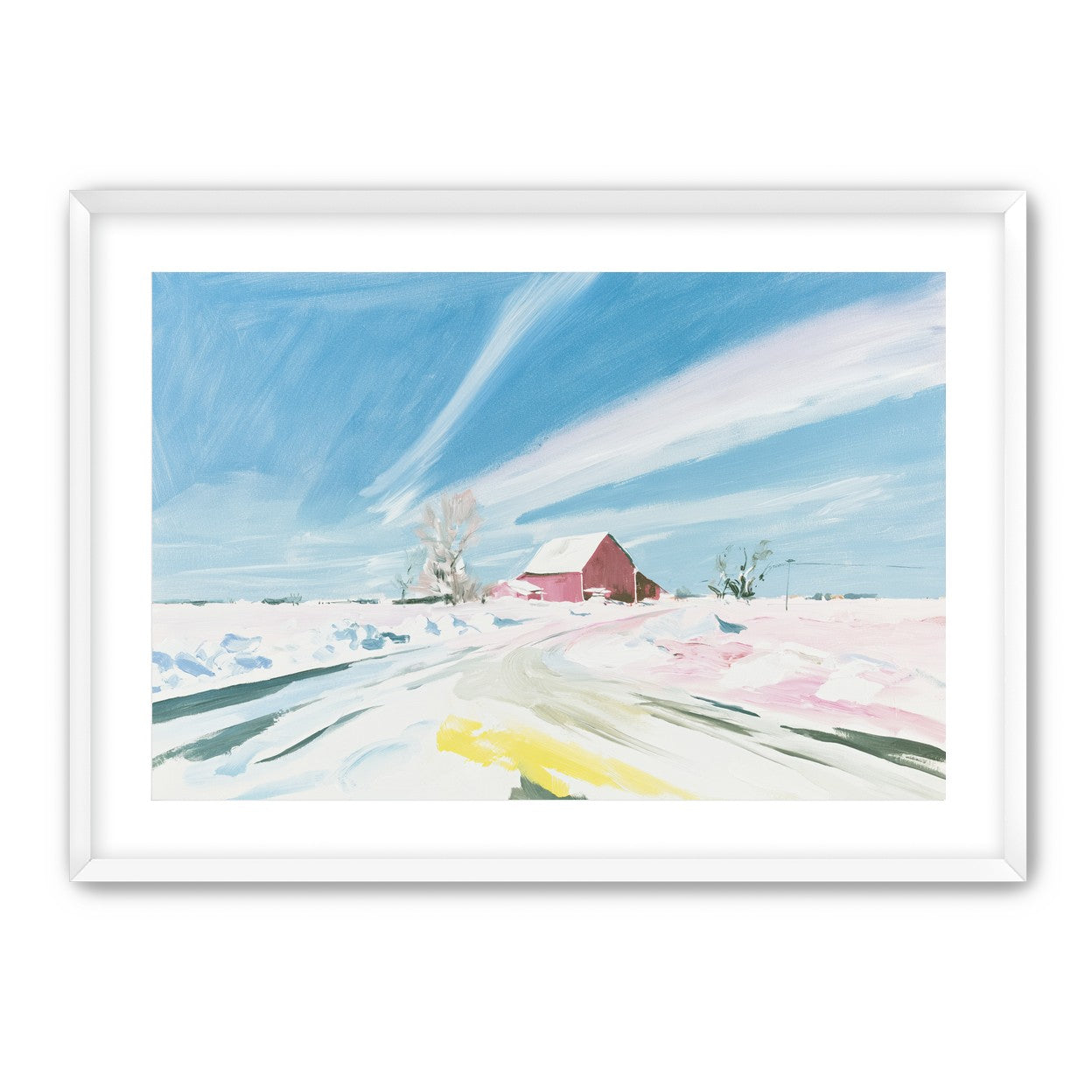 White sky over red barn