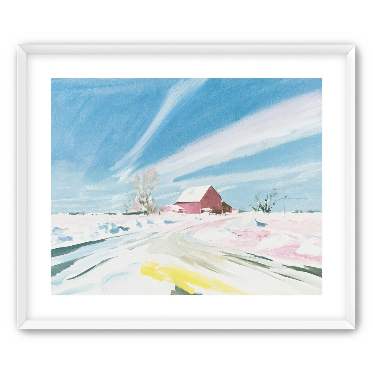 White sky over red barn