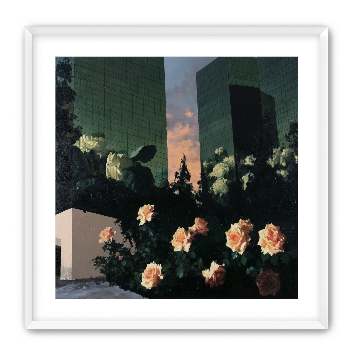 Roses under green towers
