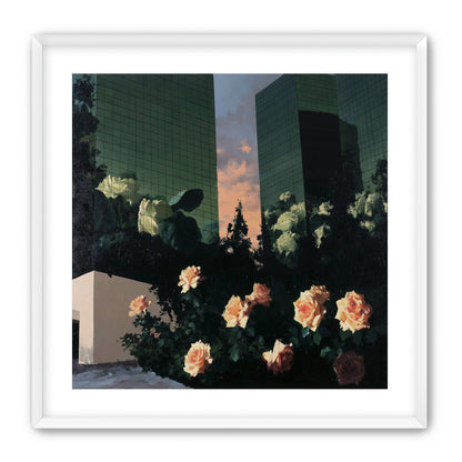 Roses under green towers