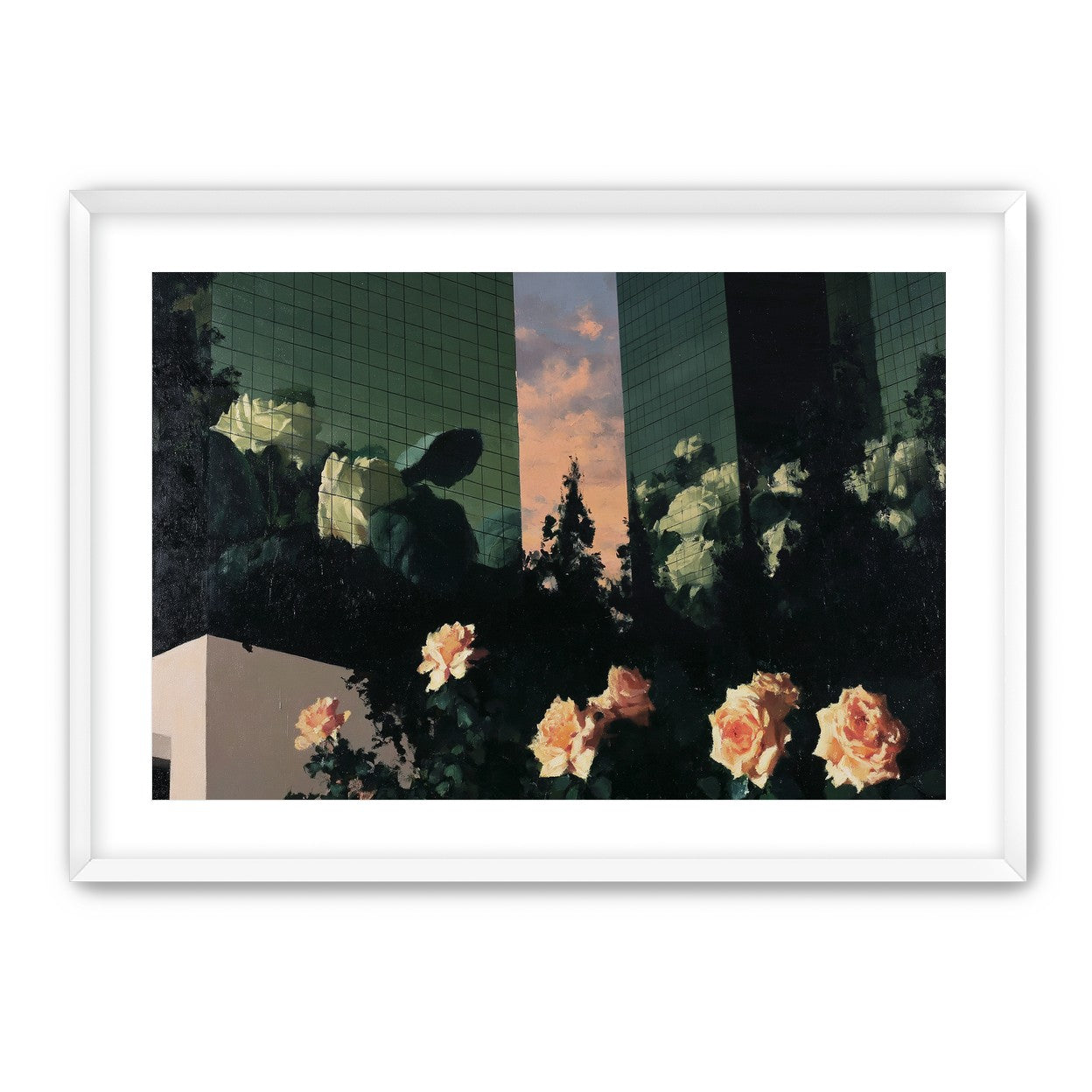 Roses under green towers