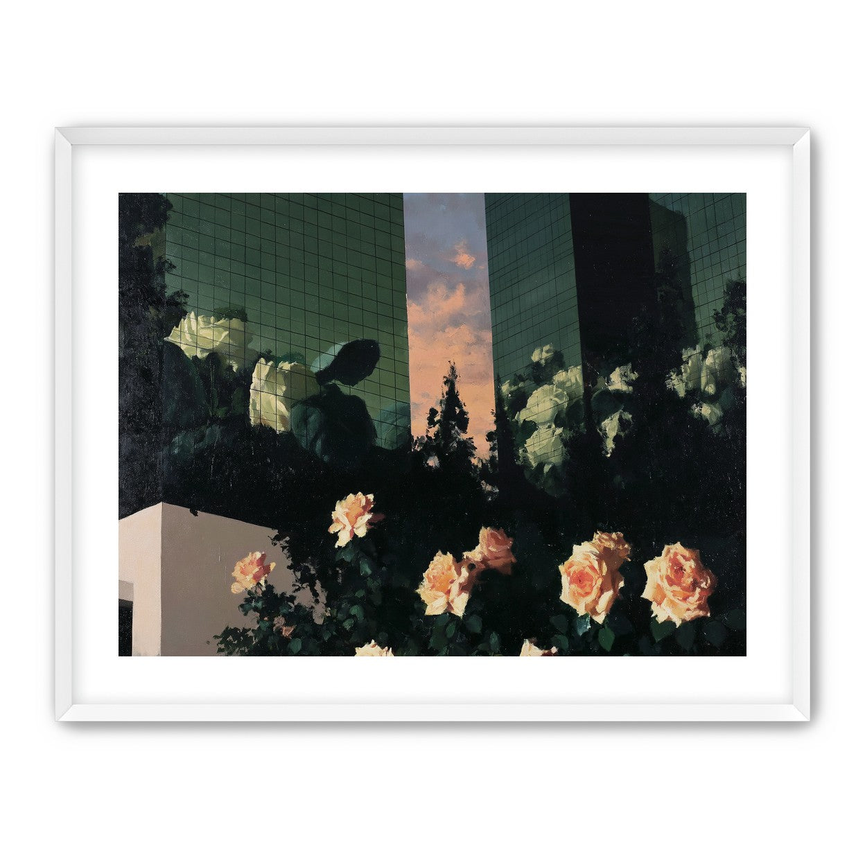 Roses under green towers
