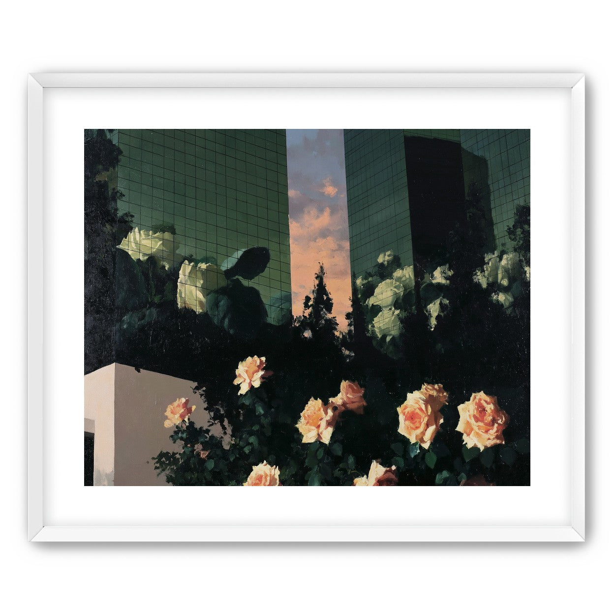 Roses under green towers