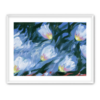 White tulips on blue ground