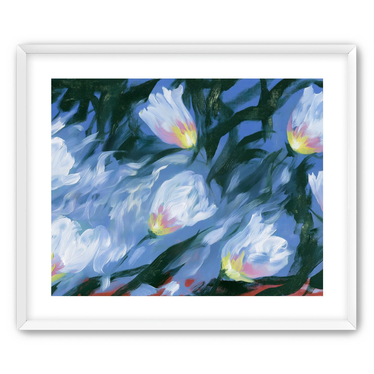 White tulips on blue ground