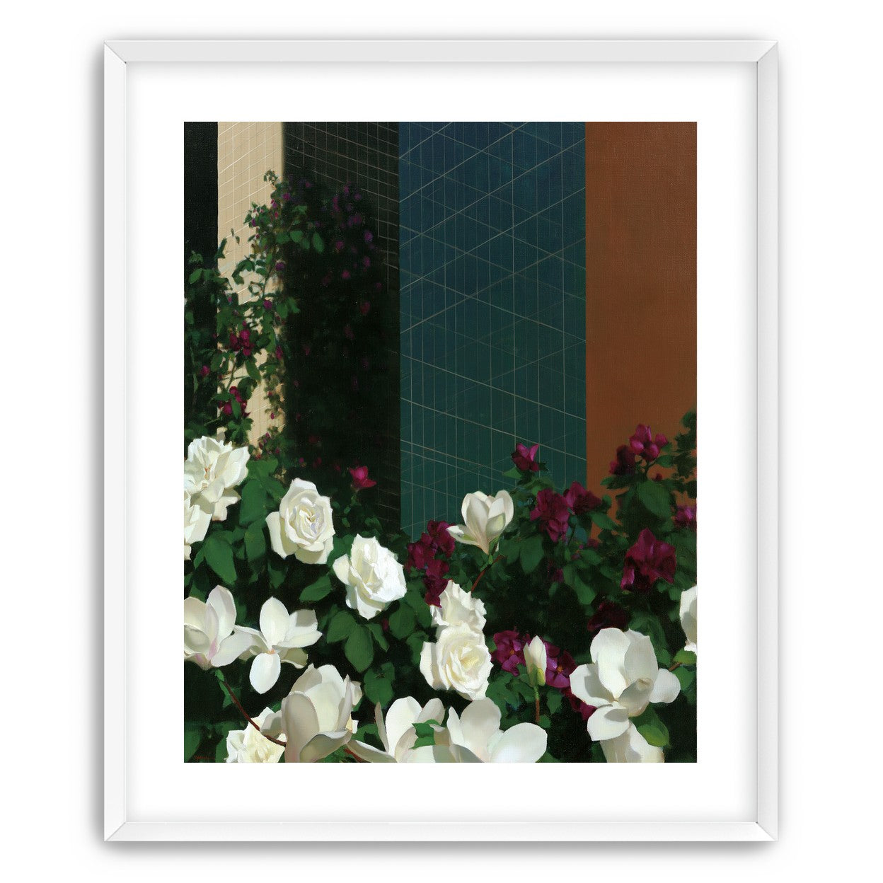 Roses against the blue grid