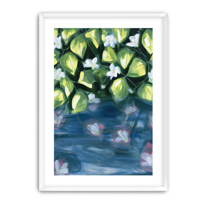 White flowers over blue water