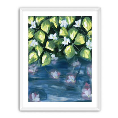 White flowers over blue water
