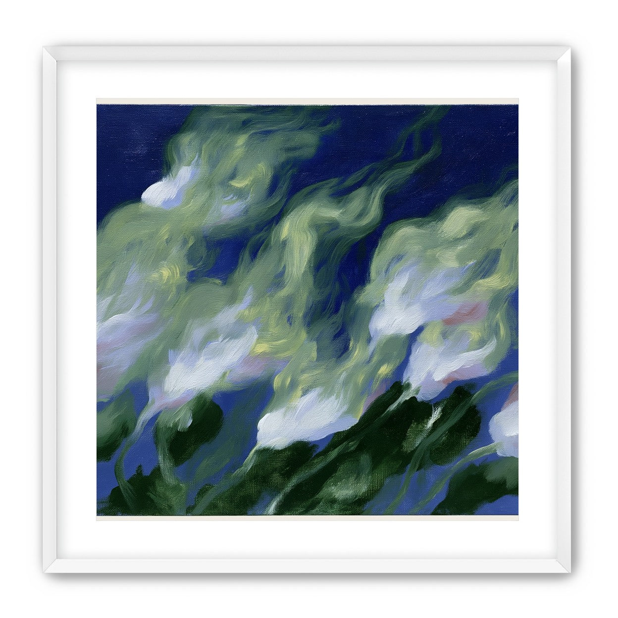 Pale flowers across blue field