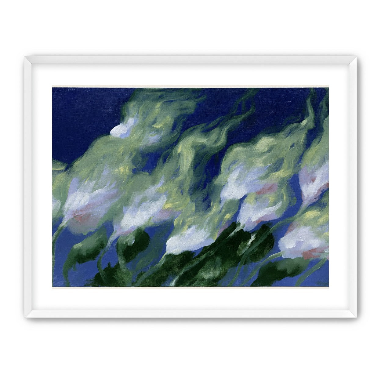 Pale flowers across blue field