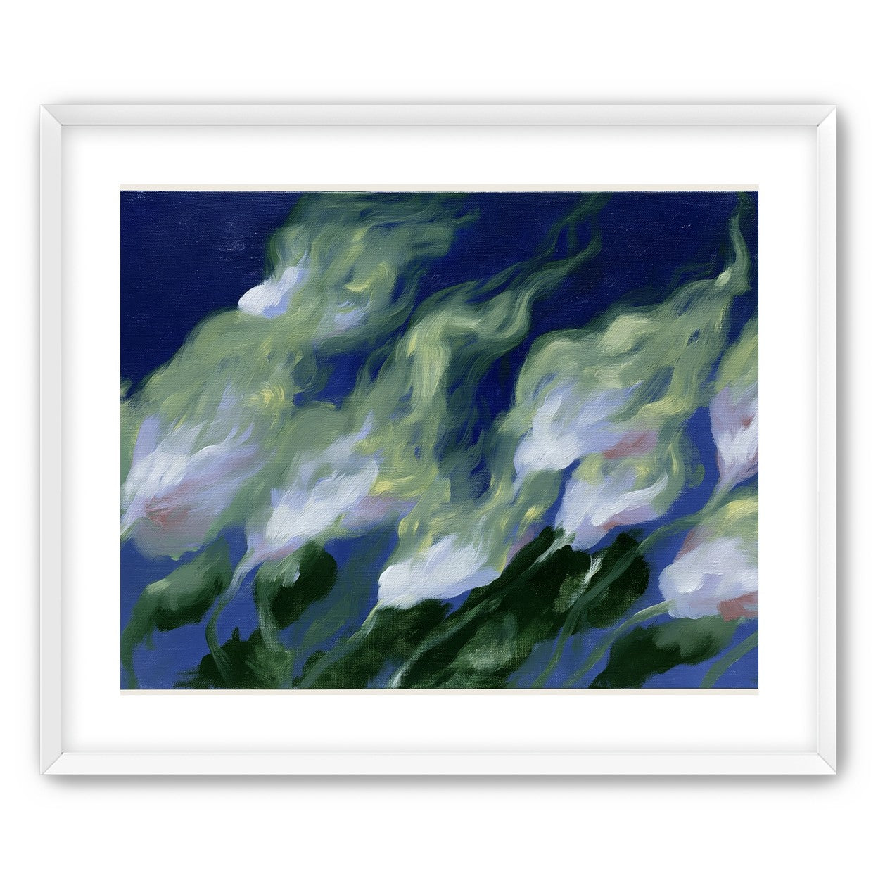 Pale flowers across blue field