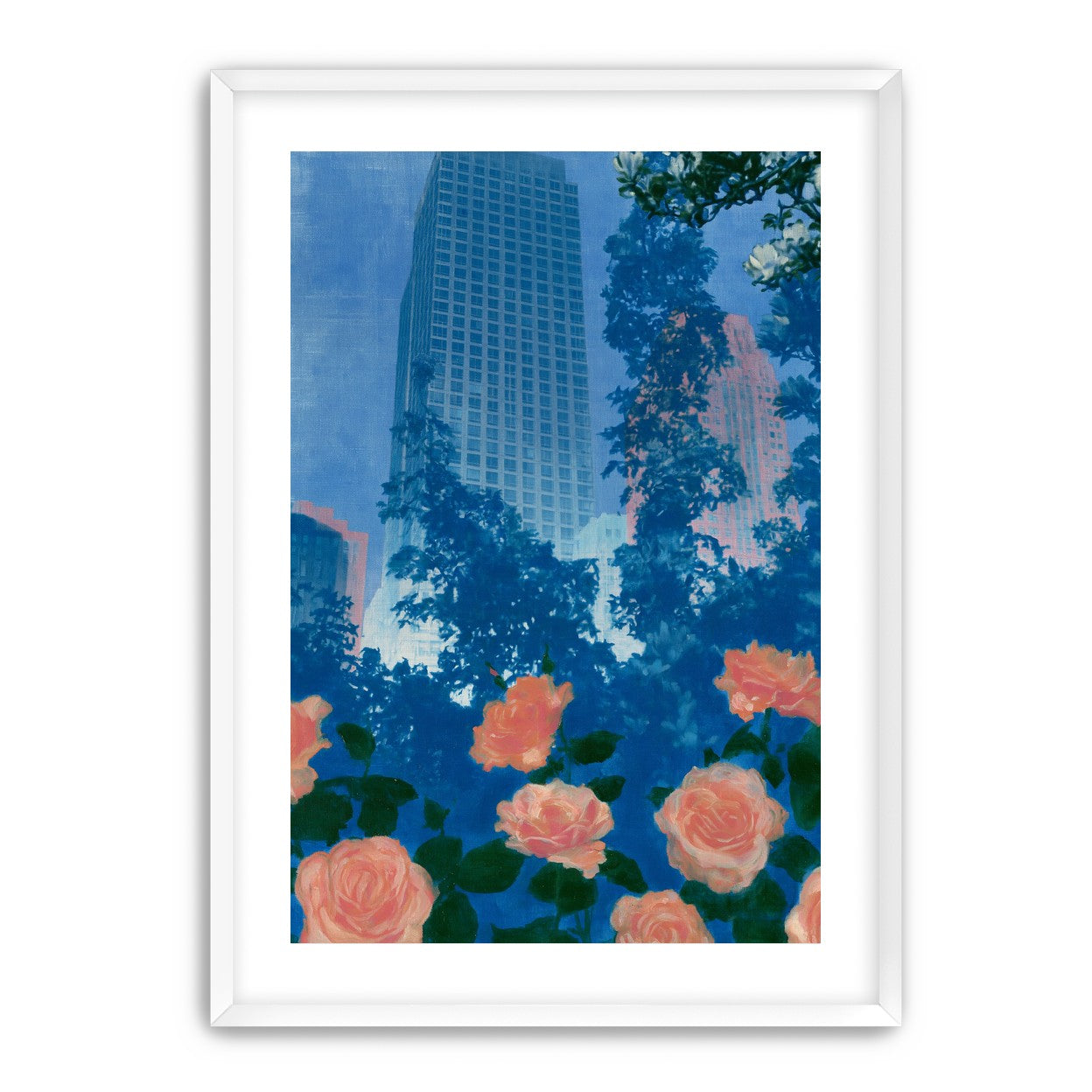 Pink roses below skyscrapers