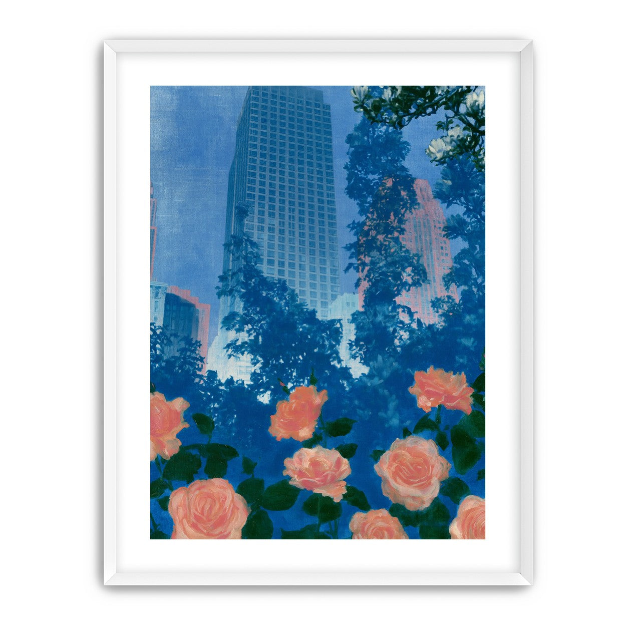 Pink roses below skyscrapers