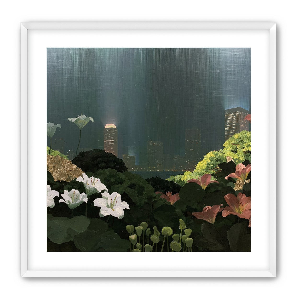 Lilies against the lit skyline