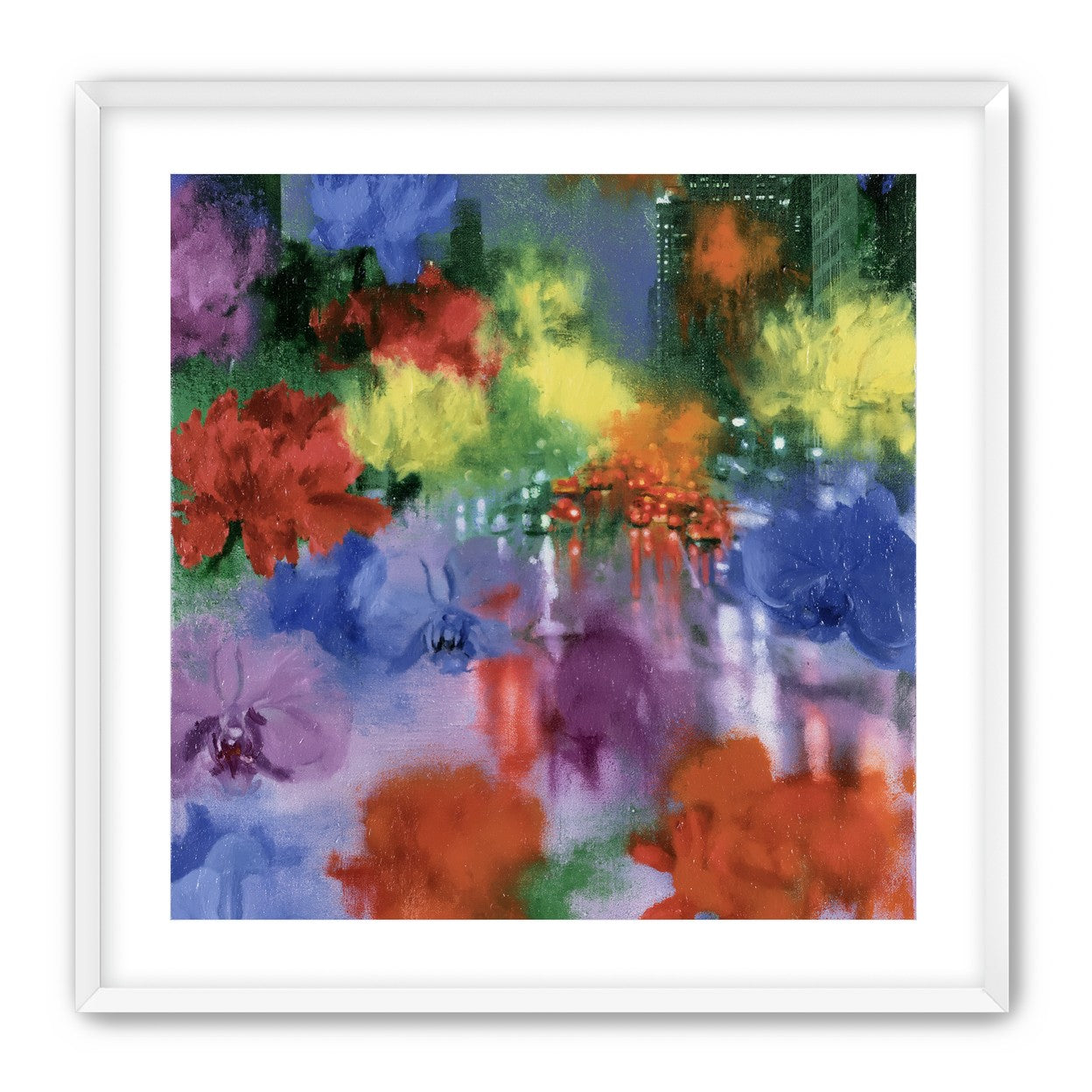 Neon traffic under painted blooms