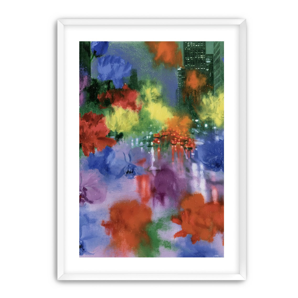 Neon traffic under painted blooms