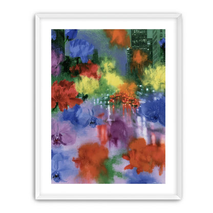 Neon traffic under painted blooms