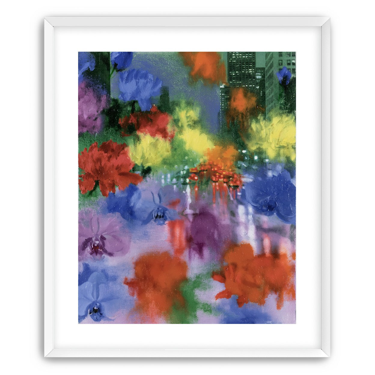 Neon traffic under painted blooms
