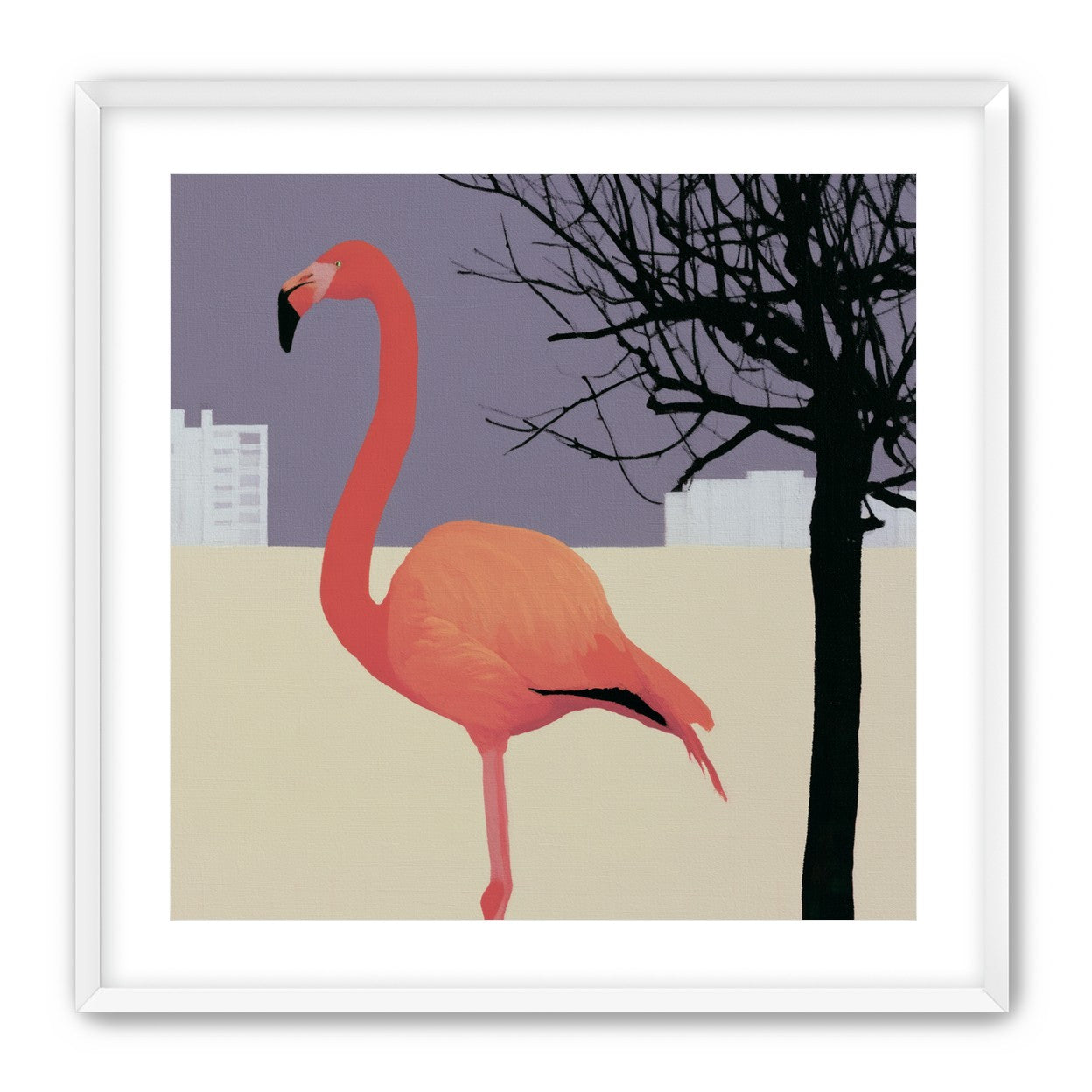 A flamingo beside the bare tree