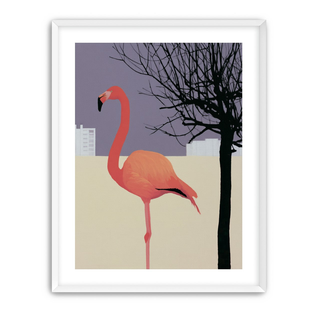 A flamingo beside the bare tree