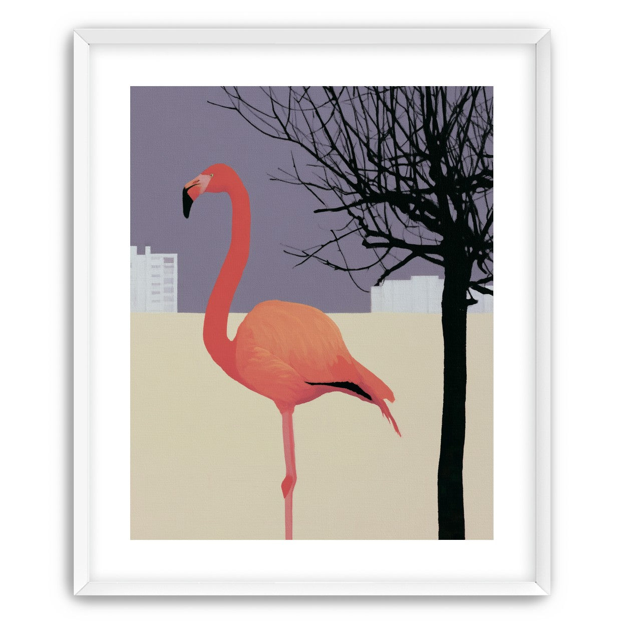 A flamingo beside the bare tree