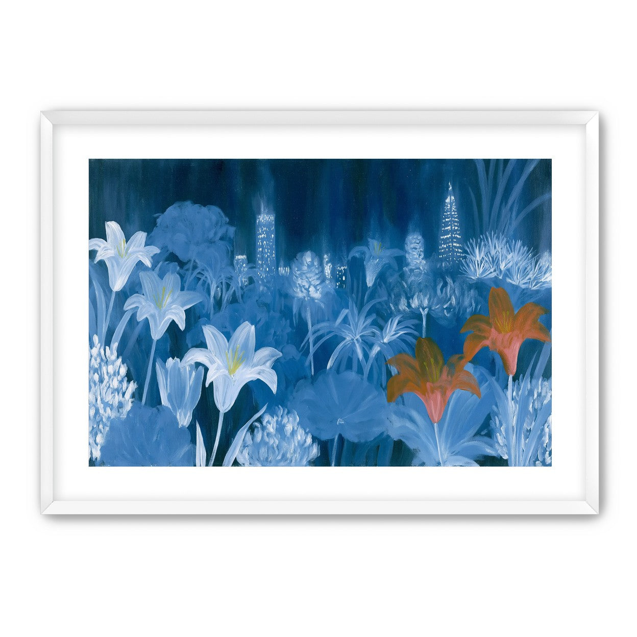 City lights behind lilies