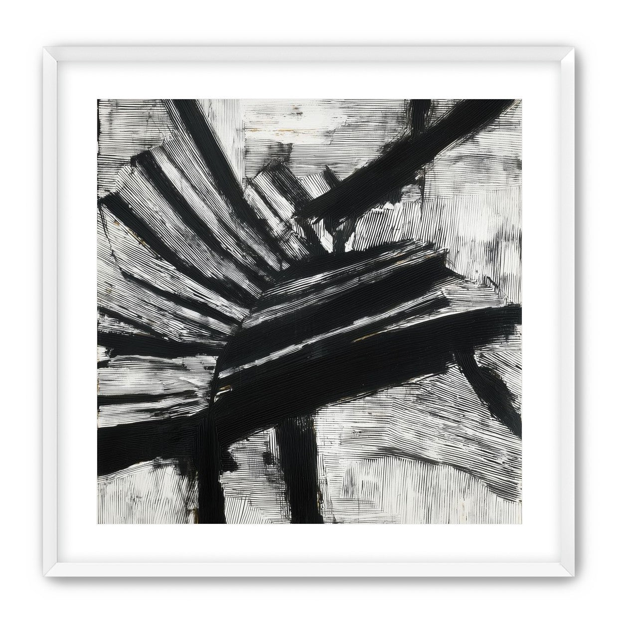 Non-Representational: Thick black brushstrokes cross and stack over a white surface filled with fine scratched lines.