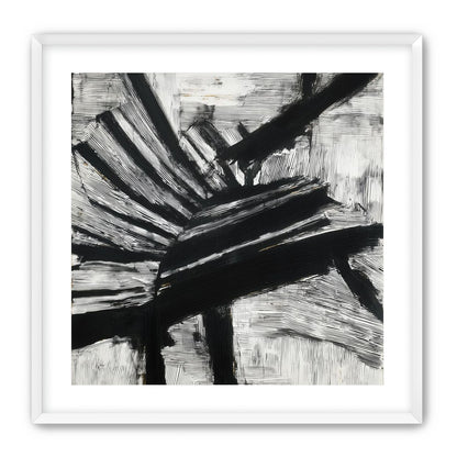 Non-Representational: Thick black brushstrokes cross and stack over a white surface filled with fine scratched lines.