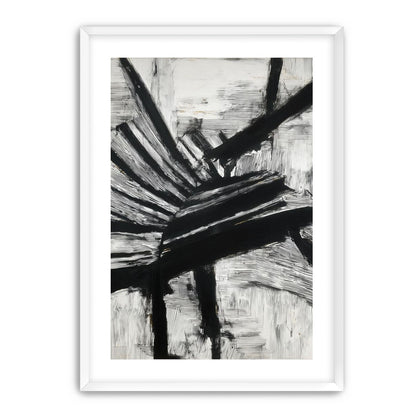 Non-Representational: Thick black brushstrokes cross and stack over a white surface filled with fine scratched lines.