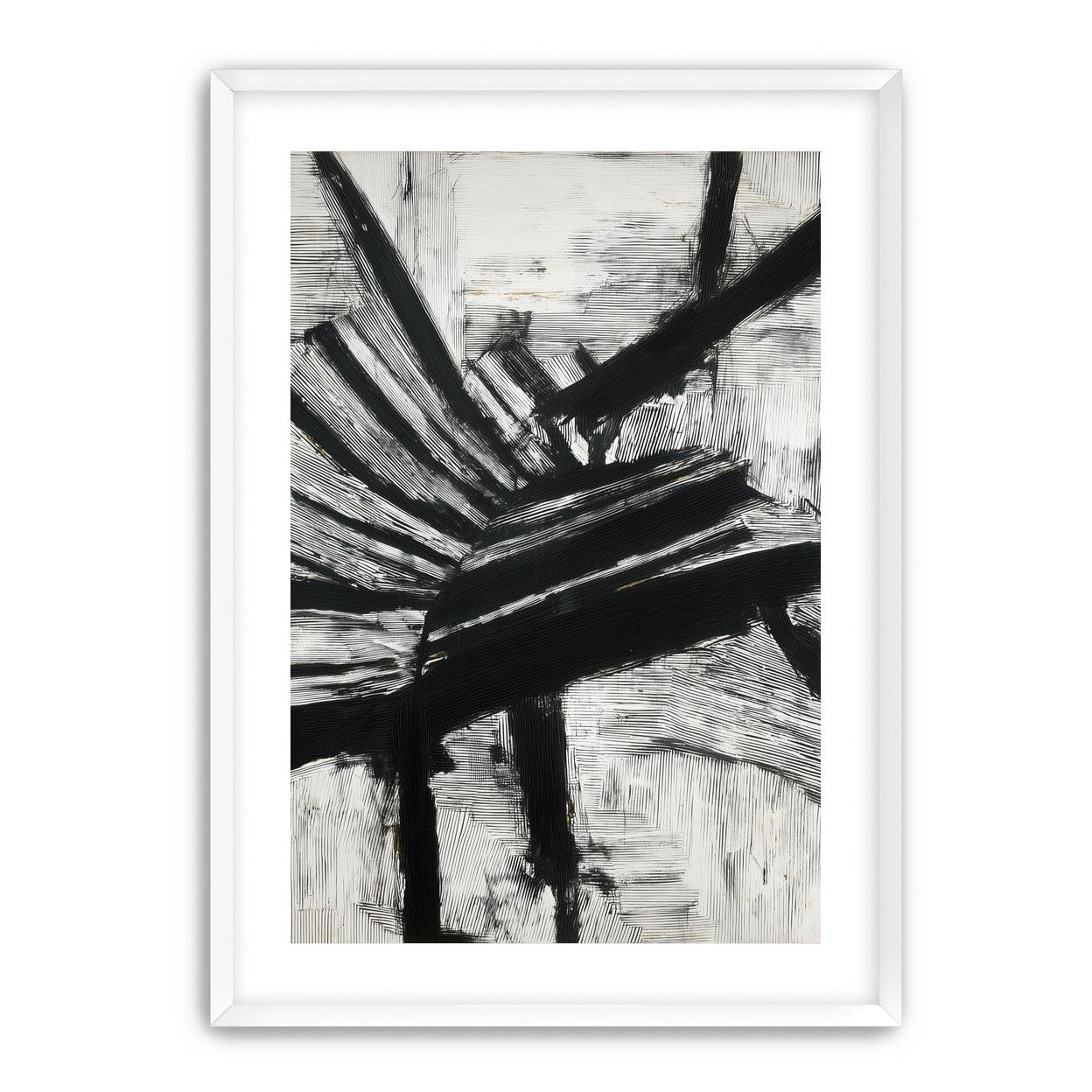 Non-Representational: Thick black brushstrokes cross and stack over a white surface filled with fine scratched lines.
