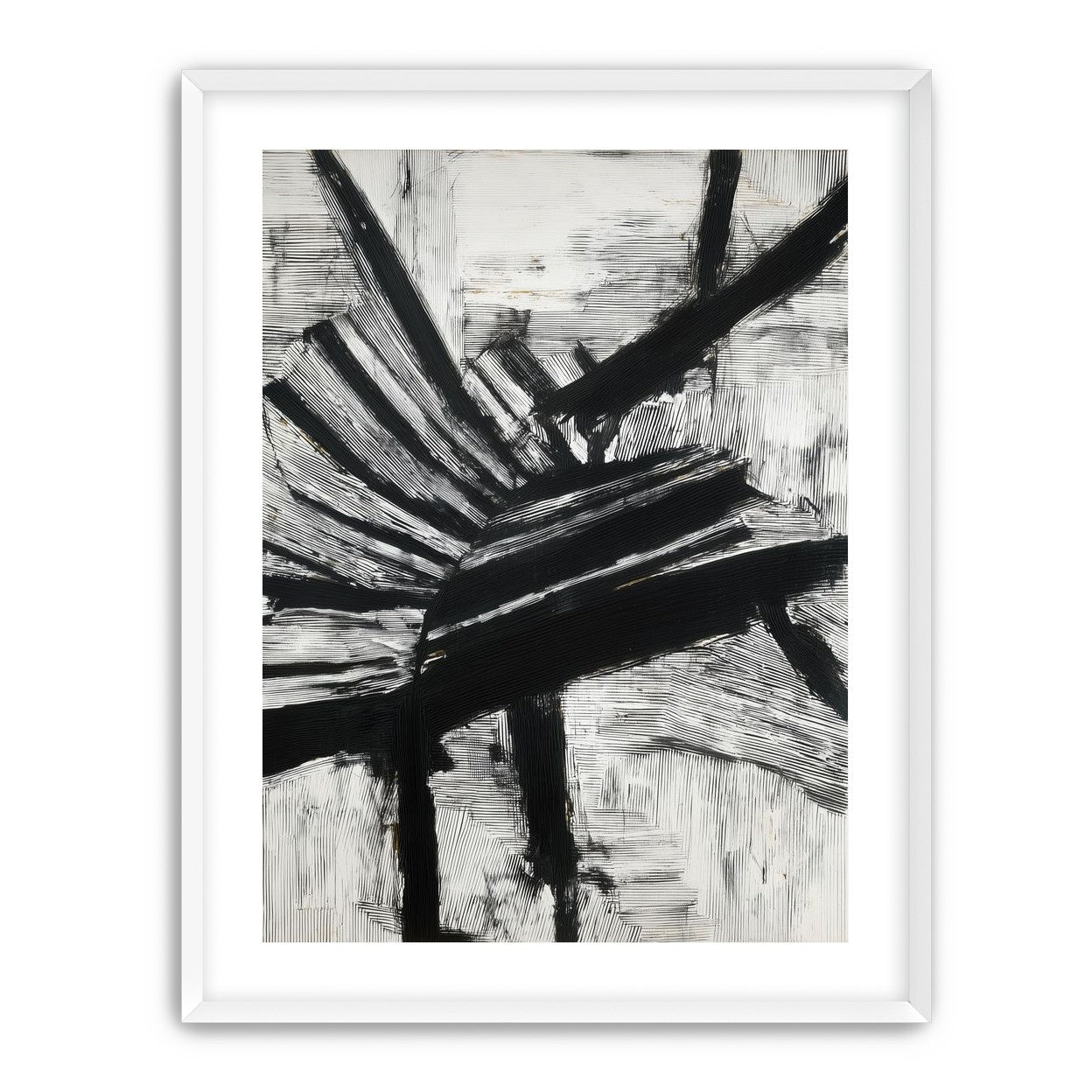Non-Representational: Thick black brushstrokes cross and stack over a white surface filled with fine scratched lines.