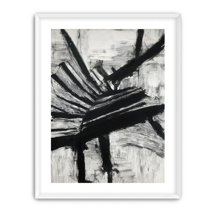 Non-Representational: Thick black brushstrokes cross and stack over a white surface filled with fine scratched lines.