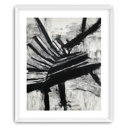 Non-Representational: Thick black brushstrokes cross and stack over a white surface filled with fine scratched lines.