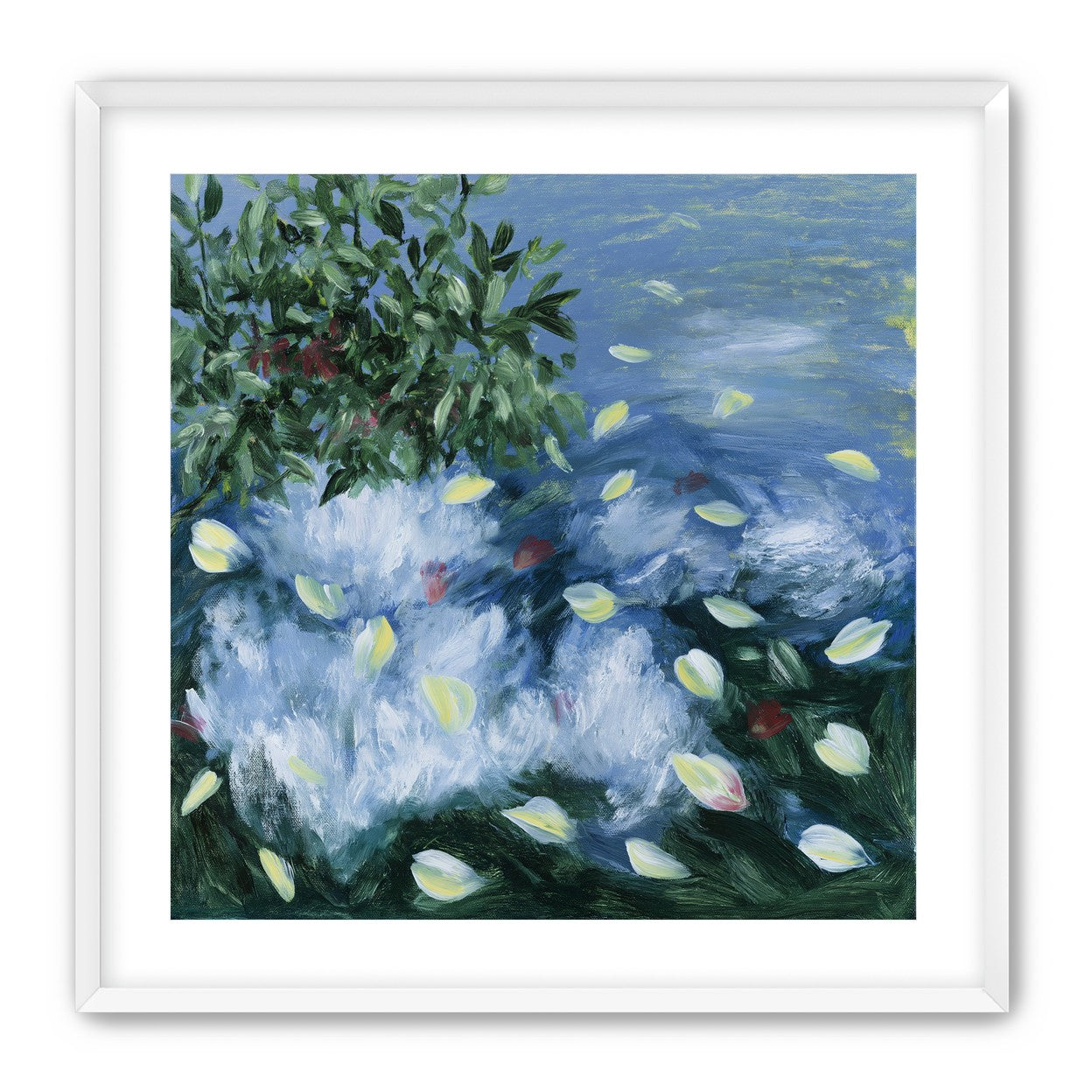 Petals across the blue water