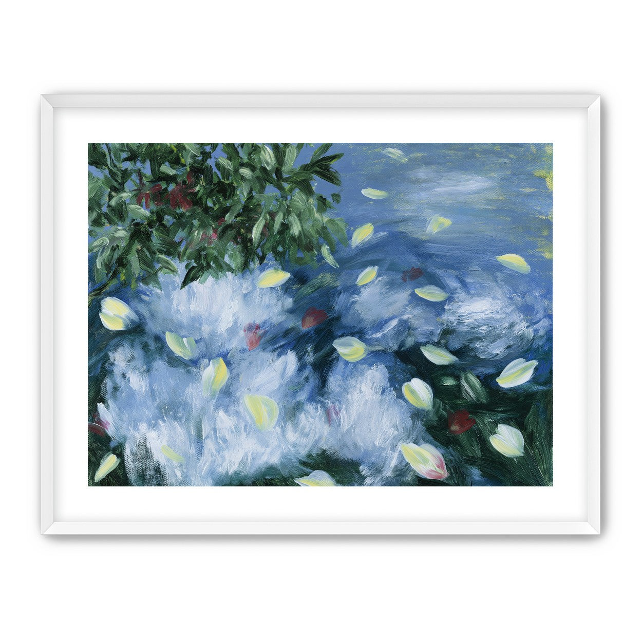 Petals across the blue water