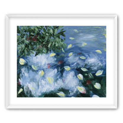 Petals across the blue water