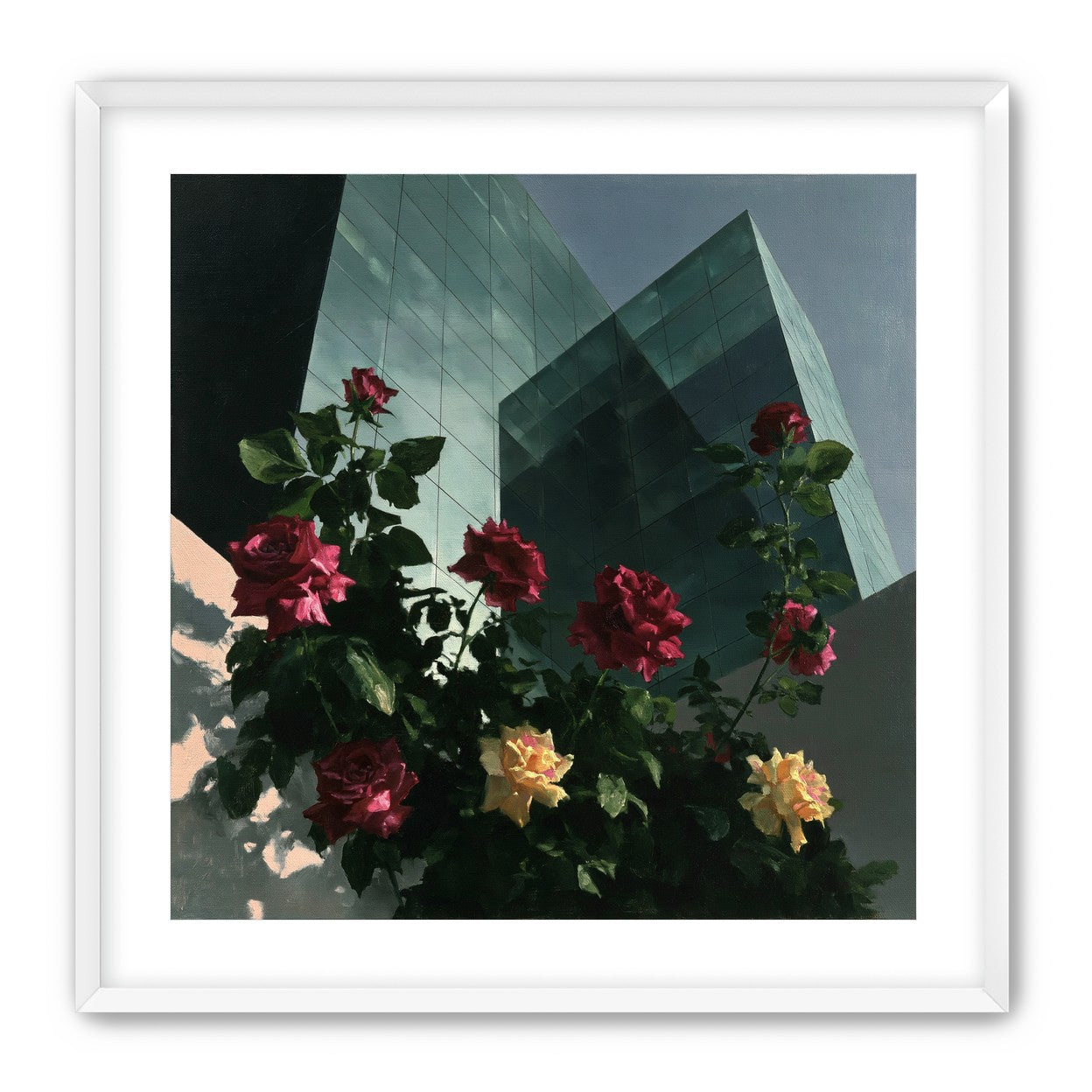 Roses against glass towers
