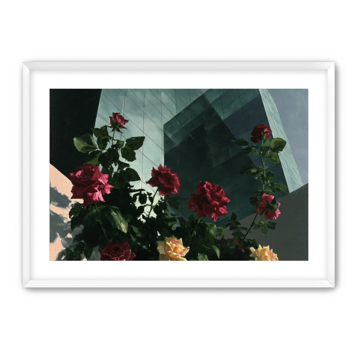 Roses against glass towers