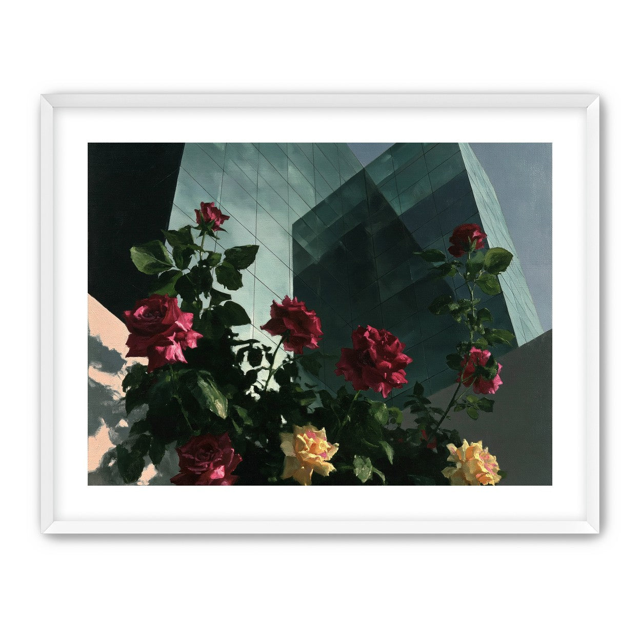 Roses against glass towers