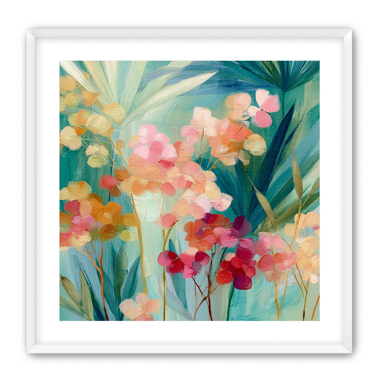 Flowers among teal leaves