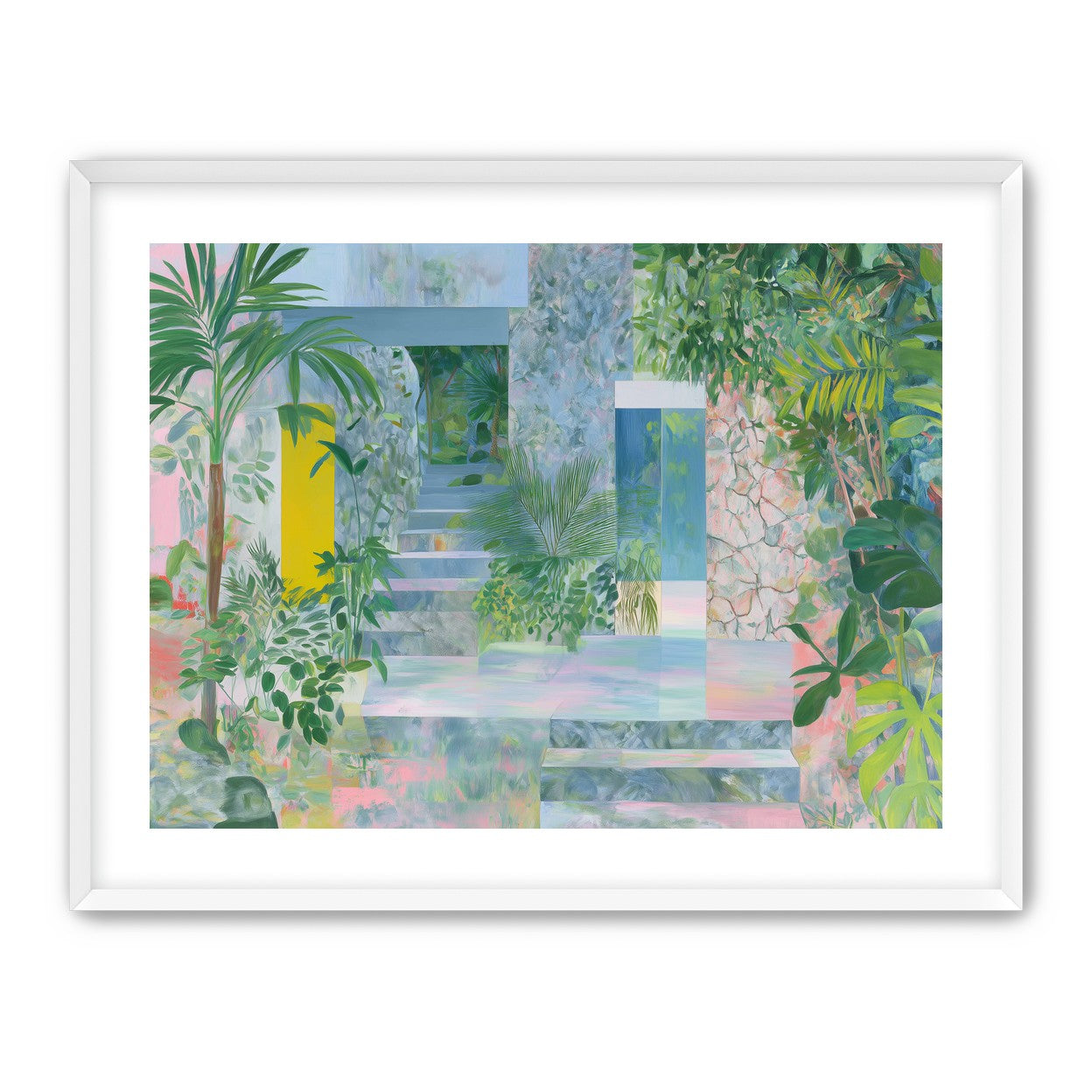 Pastel stairs between yellow and blue doors